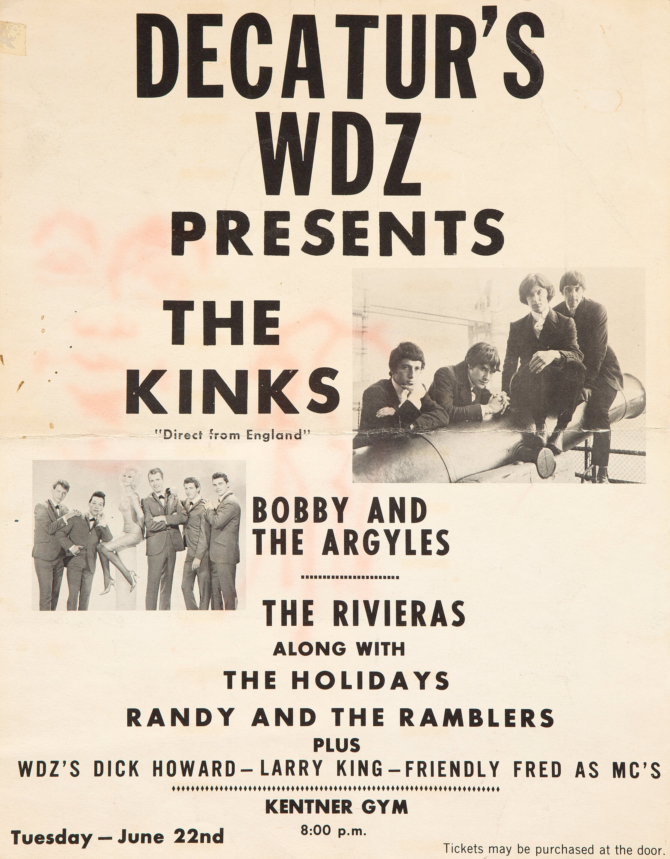 1965 concert poster advertising The Kinks 'Direct from England' at Kentner Gym in Decatur, Illinois