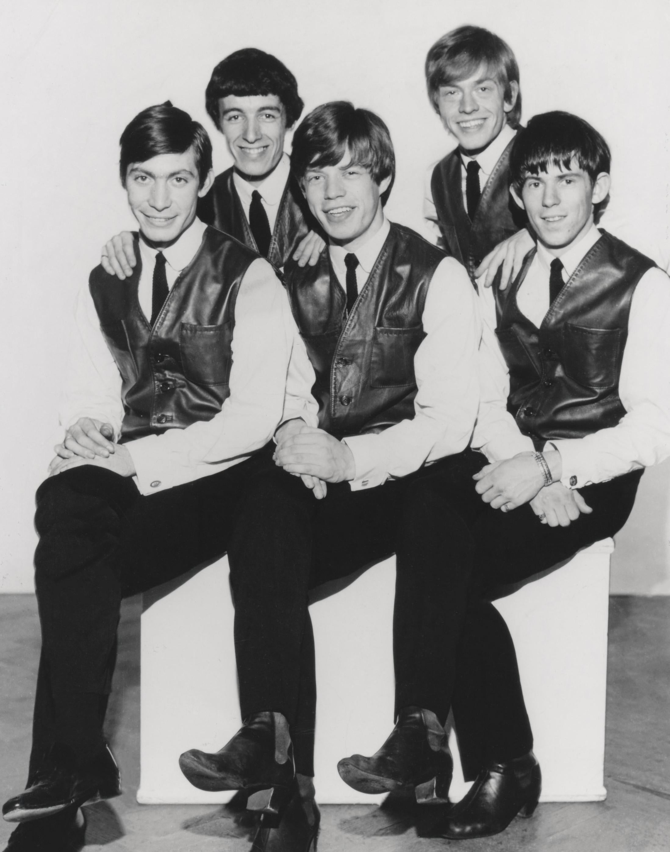 The Rolling Stones studio portrait: Charlie Watts, Bill Wyman, Mick Jagger, Brian Jones, and Keith Richards