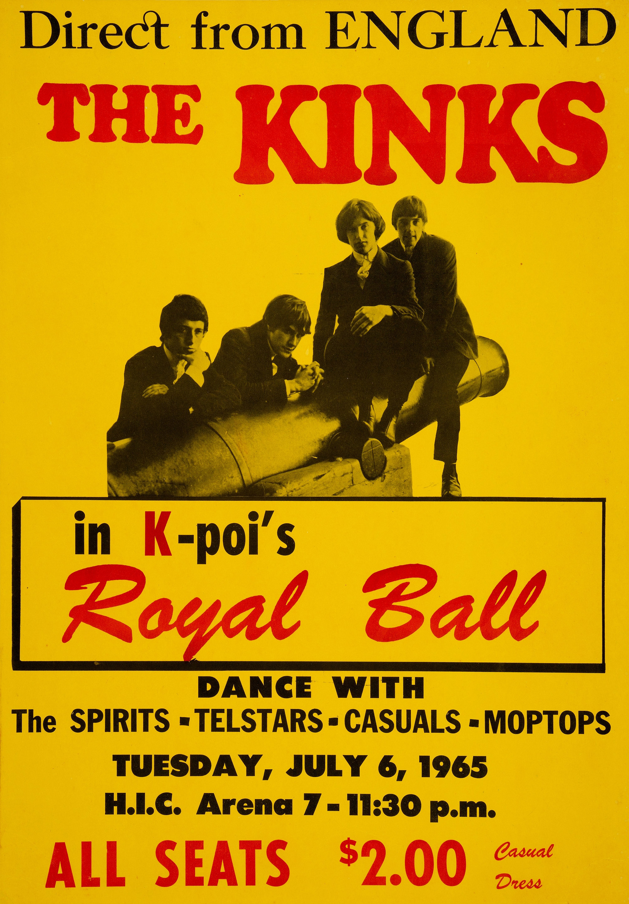 1965 concert poster advertising The Kinks 'Direct from England' at a Royal Ball dance in Hawaii