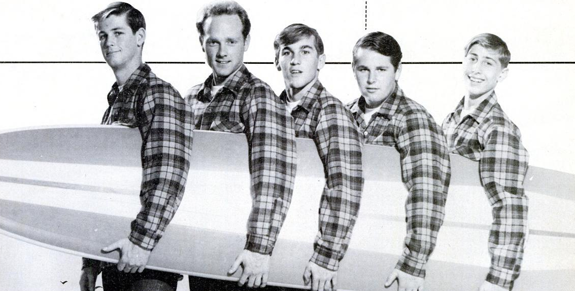 The Beach Boys in a June 1963 Billboard magazine advertisement, showing Brian Wilson, Mike Love, Dennis Wilson, Carl Wilson and David Marks around the time of the Surfin' USA single